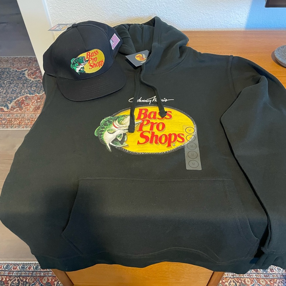 Bass Pro Shops Black Hoodie and Cap with Yellow and Red Logo. New with tags